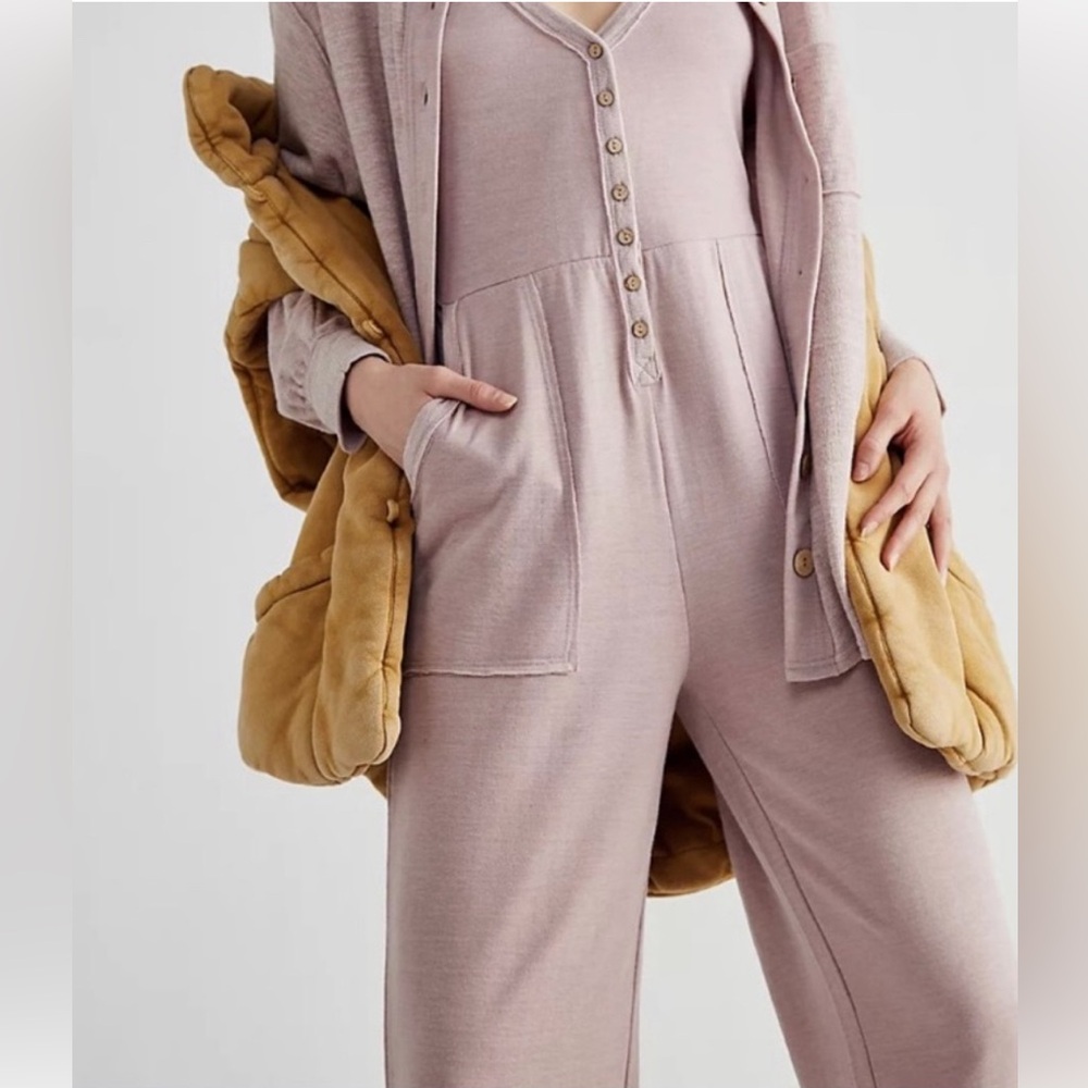 Free People Beach Highrise Jumpsuit XS-S Mauve Wood Bttns Pockets Wide-legs